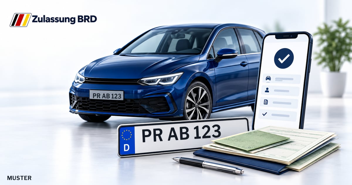 Online Fahrzeugzulassung in Landkreis Prignitz: Musterkennzeichen PR AB 123, Auto und Fahrzeugpapiere und Smartphone. Illustration mit Logo von Zulassung BRD.